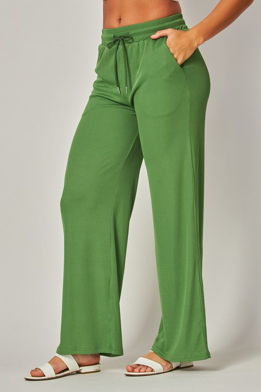 RIBBED WIDE LEG PANT ( FOREST GREEN )